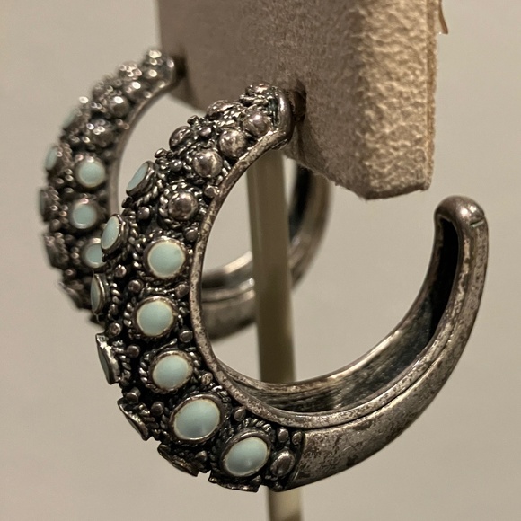 Turquoise Silver Half Hoop Earrings - Picture 5 of 6